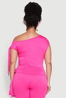 Womens Plus Size Side Tie One Shoulder Top, Pink, Size 3X