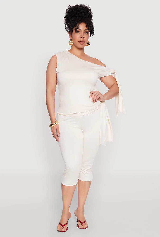 Womens Plus Size Side Tie Capri Pants, White, Size 2X