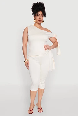 Womens Plus Size Side Tie Capri Pants, White, Size 2X