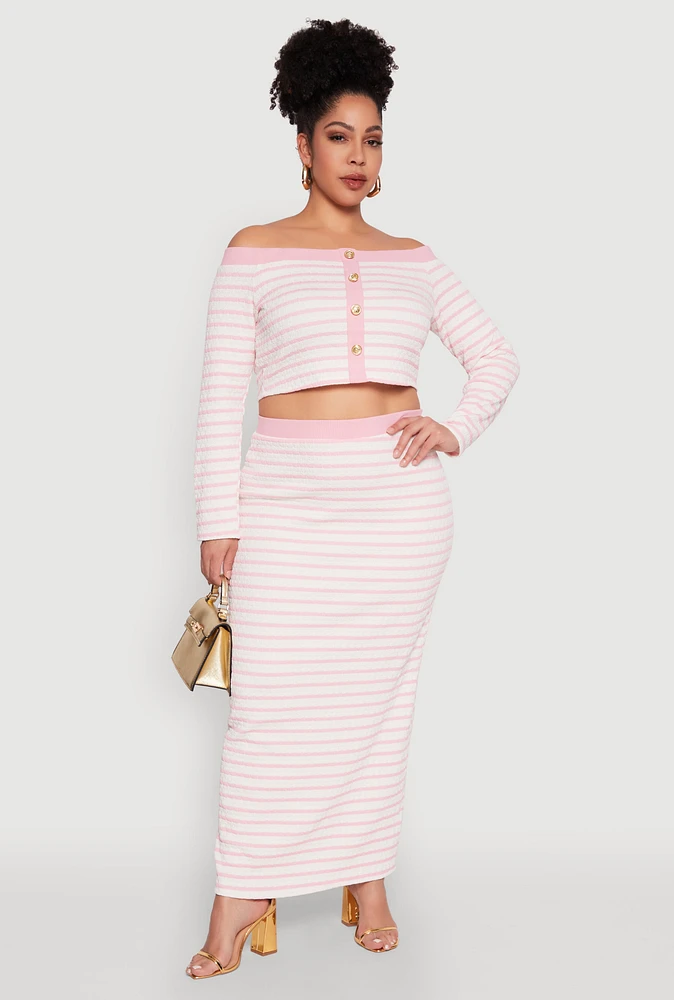 Womens Plus Size Textured Knit Striped Maxi Skirt, Pink, Size 3X