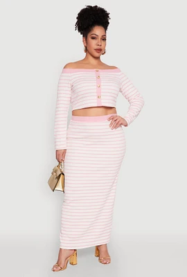 Womens Plus Size Textured Knit Striped Maxi Skirt, Pink, Size 3X