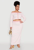 Womens Plus Size Textured Knit Striped Maxi Skirt, Pink, Size 3X