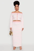 Womens Plus Size Textured Knit Striped Maxi Skirt, Pink, Size 3X