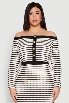 Womens Plus Striped Faux Button Off the Shoulder Top,