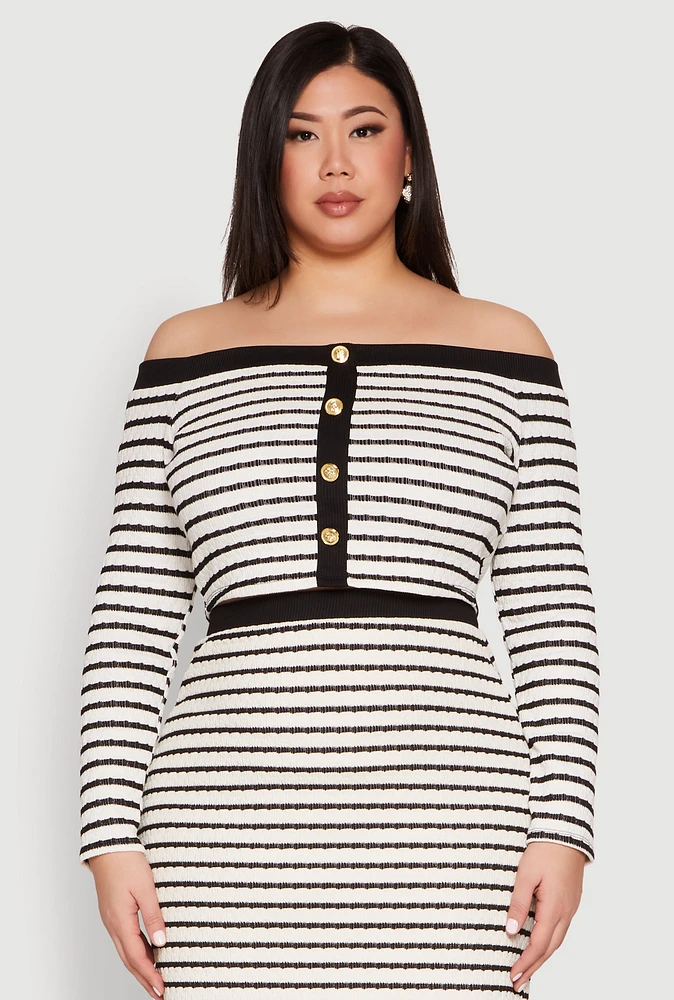 Womens Plus Size Striped Faux Button Off the Shoulder Top, Multi, Size 3X
