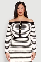 Womens Plus Size Striped Faux Button Off the Shoulder Top, Multi, Size 3X
