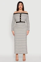 Womens Plus Striped Faux Button Off the Shoulder Top, Multi,