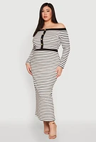 Womens Plus Size Striped Faux Button Off the Shoulder Top, Multi, Size 3X