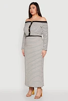 Womens Plus Size Striped Faux Button Off the Shoulder Top, Multi, Size 3X
