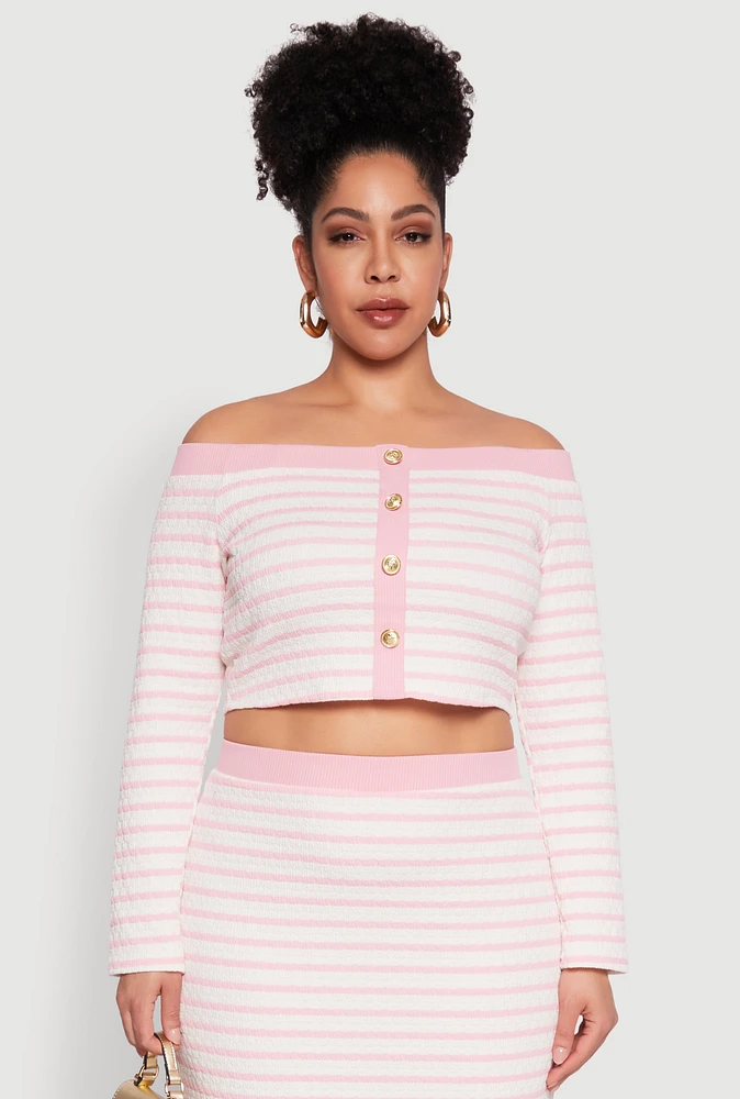 Womens Plus Size Striped Faux Button Off the Shoulder Top, Pink, Size 2X