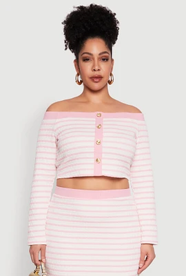 Womens Plus Size Striped Faux Button Off the Shoulder Top, Pink, Size 2X