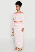 Womens Plus Size Striped Faux Button Off the Shoulder Top, Pink, Size 2X