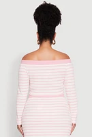 Womens Plus Size Striped Faux Button Off the Shoulder Top, Pink, Size 2X
