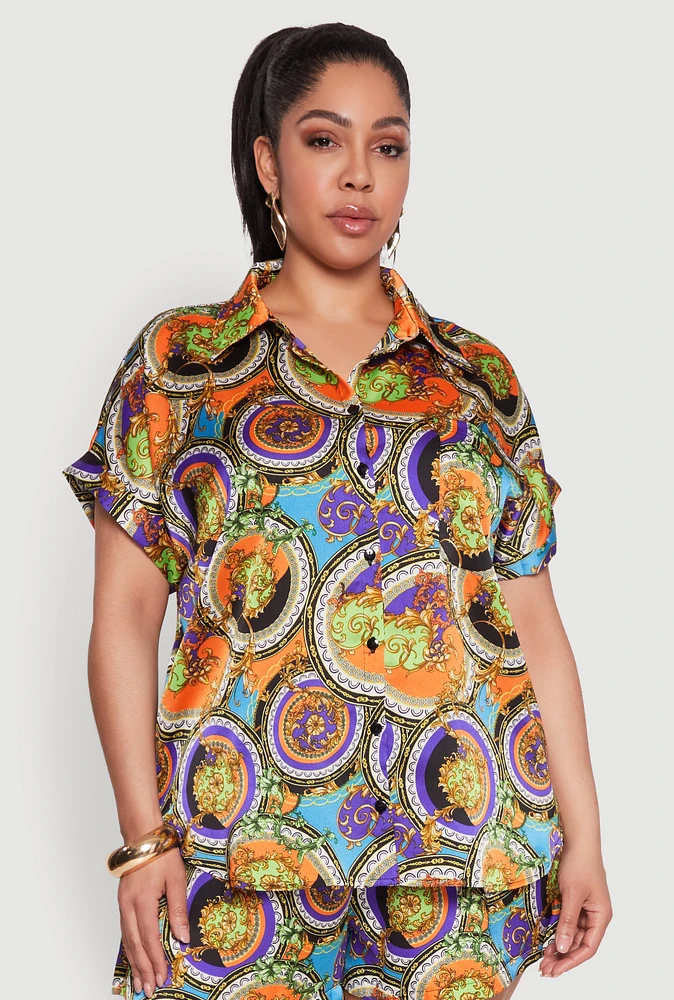 Womens Plus Size Chain Graphic Print Blouse, Multi, Size 1X