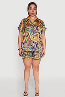 Womens Plus Size Smocked Chain Print Shorts, Multi, Size 1X