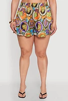 Womens Plus Size Smocked Chain Print Shorts, Multi, Size 1X