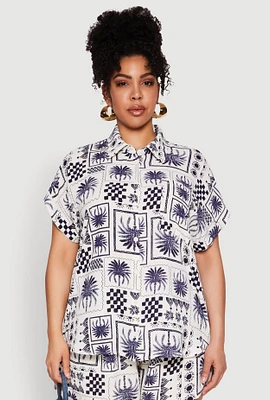 Womens Plus Size Checkered Palm Print Shirt, Blue, Size 1X