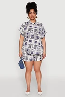 Womens Plus Size Checkered Palm Print Shirt, Blue, Size 1X
