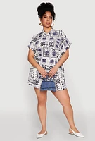 Womens Plus Size Checkered Palm Print Shirt, Blue, Size 1X