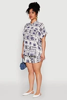 Womens Plus Size Checkered Palm Print Shirt, Blue, Size 1X