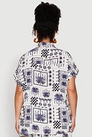 Womens Plus Size Checkered Palm Print Shirt, Blue, Size 1X