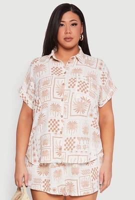 Womens Plus Size Checkered Palm Print Shirt, Beige, Size 1X
