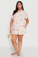 Womens Plus Size Checkered Palm Print Shirt, Beige, Size 1X