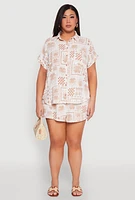 Womens Plus Size Checkered Palm Print Shirt, Beige, Size 1X