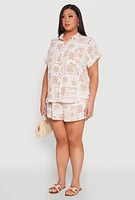 Womens Plus Size Checkered Palm Print Shirt, Beige, Size 1X