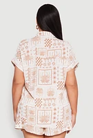 Womens Plus Size Checkered Palm Print Shirt, Beige, Size 1X