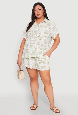 Womens Plus Checkered Palm Print Shorts,