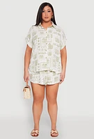 Womens Plus Checkered Palm Print Shorts,