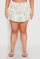 Womens Plus Checkered Palm Print Shorts,