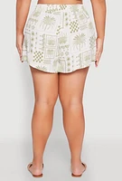Womens Plus Checkered Palm Print Shorts,