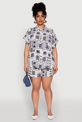 Womens Plus Checkered Palm Print Shorts, 2X