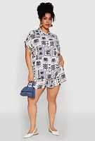 Womens Plus Checkered Palm Print Shorts, 2X