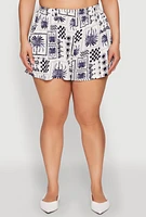 Womens Plus Checkered Palm Print Shorts,