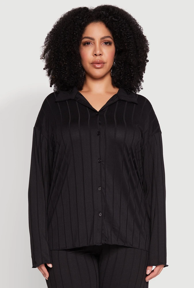 Womens Plus Size Ribbed Knit Button Front Shirt, Black, Size 1X