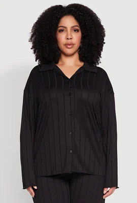 Womens Plus Size Ribbed Knit Button Front Shirt, Black, Size 1X