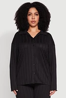 Womens Plus Size Ribbed Knit Button Front Shirt, Black, Size 1X