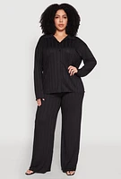 Womens Plus Size Ribbed Knit Button Front Shirt, Black, Size 1X