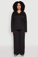 Womens Plus Size Ribbed Knit Button Front Shirt, Black, Size 1X