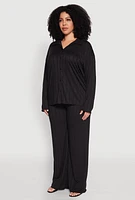 Womens Plus Size Ribbed Knit Button Front Shirt, Black, Size 1X