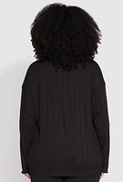 Womens Plus Size Ribbed Knit Button Front Shirt, Black, Size 1X