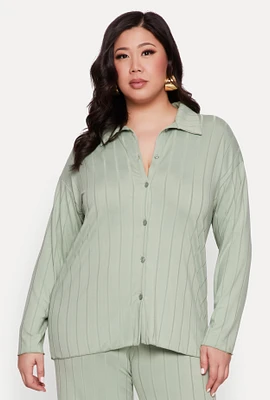 Womens Plus Size Ribbed Knit Button Front Shirt, Green, Size 2X