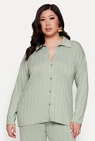Womens Plus Size Ribbed Knit Button Front Shirt, Green, Size 2X