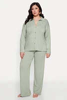 Womens Plus Size Ribbed Knit Button Front Shirt, Green, Size 2X