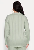 Womens Plus Size Ribbed Knit Button Front Shirt, Green, Size 2X