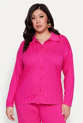 Womens Plus Size Ribbed Knit Button Front Shirt, Pink, Size 1X