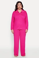 Womens Plus Size Ribbed Knit Button Front Shirt, Pink, Size 1X